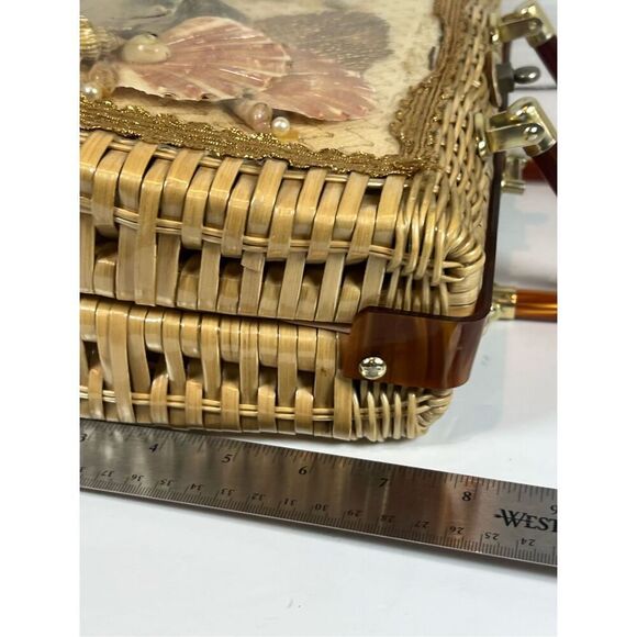 Vintage Atlas Sea Shell Tan Straw Woven Wicker PURSE Pearls Women HANDBAG BAG - Picture 12 of 13